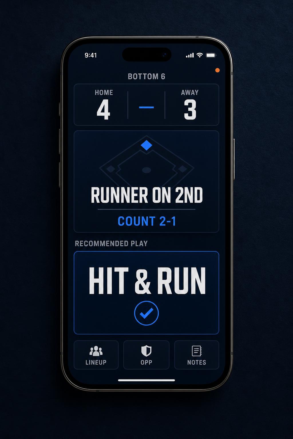 HardballIQ mobile app showing in-game recommended play