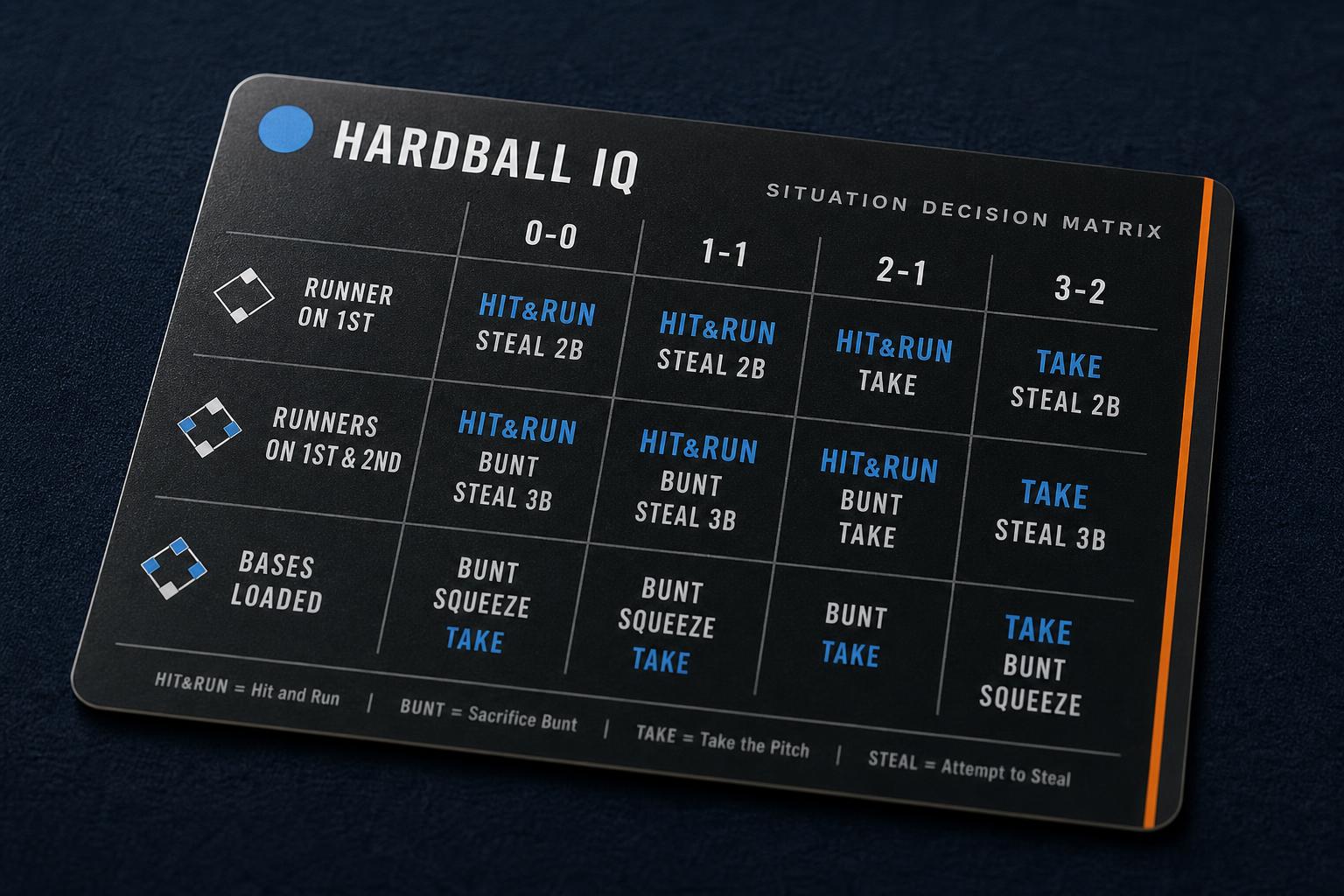 HardballIQ laminated reference card showing situation decision matrix